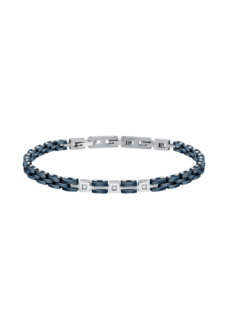 Bracciale navy e argento con anelli intrecciati, presenta accenti metallici quadrati e piccoli cristalli incastonati per un tocco di dettaglio in più.