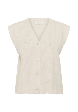 Gilet lavorato a maglia color crema con scollatura a V, maniche corte, motivo a trecce e dettagli in perle lungo il placket e la linea delle spalle.