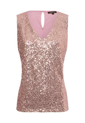 Pailletten-Tanktop in Rosa mit V-Ausschnitt, Schlüsselrücken und einer taillierten Passform aus glattem Material mit schimmernden Pailletten.