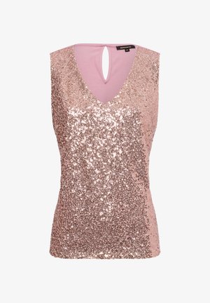Pailletten tanktop in rozenroze, met een V-hals, een sleutelgat aan de achterkant en een aansluitend ontwerp met een gladde textuur en glinsterende pailletten.
