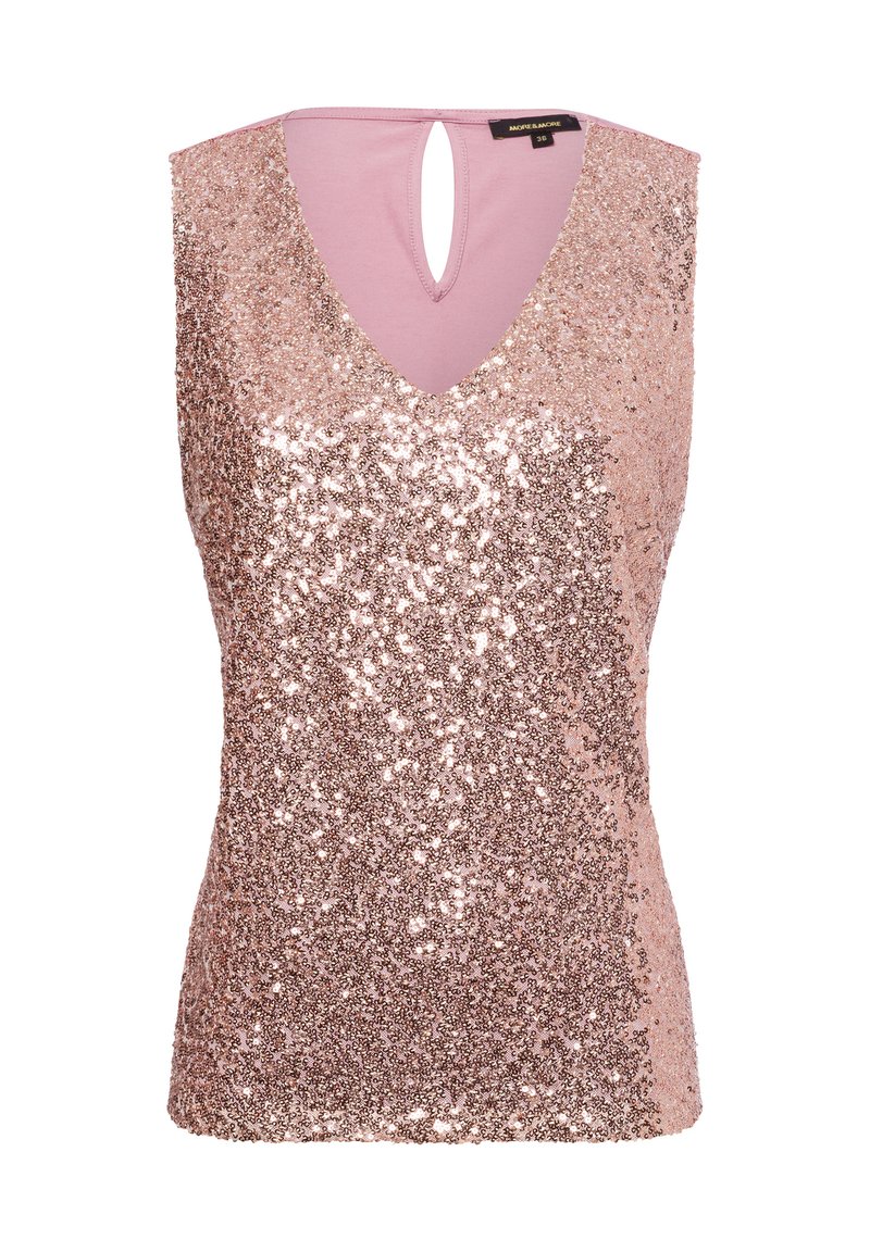 Pailletten-Tanktop in Rosa mit V-Ausschnitt, Schlüsselrücken und einer taillierten Passform aus glattem Material mit schimmernden Pailletten.