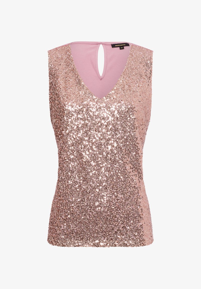 Pailletten-Tanktop in Rosa mit V-Ausschnitt, Schlüsselrücken und einer taillierten Passform aus glattem Material mit schimmernden Pailletten.