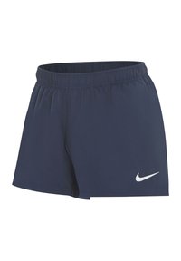 Marineblauwe sportshorts van lichtgewicht stof, met een elastische tailleband en een witte Nike swoosh-logo aan de linkerbovenkant.