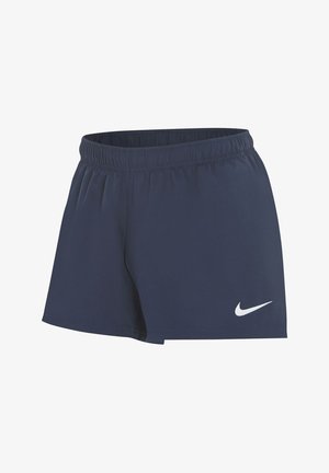 Marineblauwe sportshorts van lichtgewicht stof, met een elastische tailleband en een witte Nike swoosh-logo aan de linkerbovenkant.