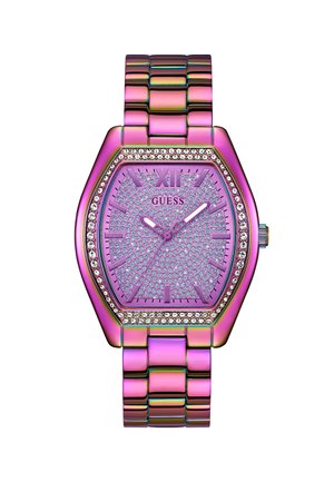 Hexagonálny ružový hodinky s kryštálovými akcentmi, kovovým náramkom a textúrovaným ciferníkom. Obsahujú výrazné hodinové značky a lesklý povrch.