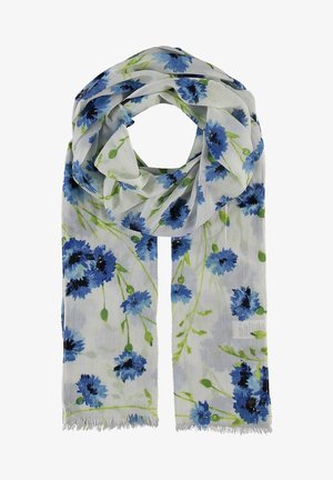 Let stof tørklæde med blåt blomsterprint og grønne stilke, løst bundet med frynsekant på en hvid baggrund.