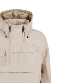 Beige Kapuzenjacke aus leichtem Material, mit einem halben Reißverschluss vorne, zwei Brusttaschen und verstellbaren Kordeln.