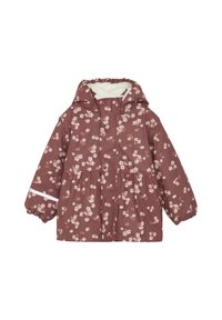 Mønstret regnjakke med blomster i bordeaux med blødt cremefor, elastiske manchetter og hætte med snoretræk, der har en sammensamlet talje.
