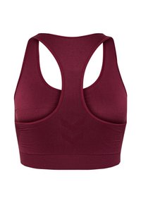 Brassière de sport bordeaux sans couture avec dos nageur, larges bretelles et bande élastique sous la poitrine pour un bon maintien.