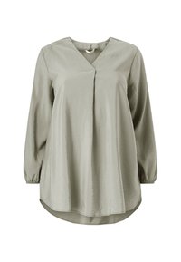Lange mouwen, v-hals blouse in lichtgroen met een zijden textuur, met een plooidetail aan de voorkant en een gebogen zoom.