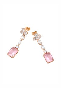 Orecchini in oro rosa con una pietra rosa rettangolare e cristalli trasparenti ovali, con un design a bouquet floreale. Finitura lucida, stile pendente.