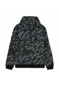 Sudadera negra con capucha que presenta un patrón detallado de formas y líneas grises en espiral, con capucha ajustable mediante cordón y puños y dobladillo acanalados.