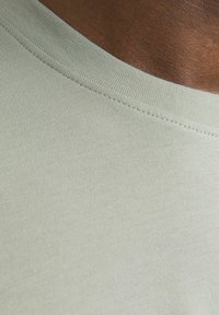 Lys grøn t-shirt med en glat struktur og smalt ribbet halsudskæring, tæt klippet for at fremhæve stof- og syningsdetaljer.