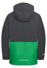 Veste imperméable gris foncé et verte avec capuche, poignets élastiques et bande réfléchissante au bas du dos et aux bords des manches, vue de dos.