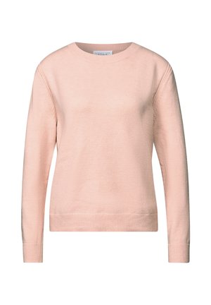 Jasnoróżowy, długi sweter z dzianiny z długim rękawem, okrągłym dekoltem oraz ściągaczami przy rękawach i u dołu, prezentowany na białym tle.