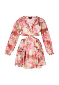 Rochie florală cu un design transparent, stratificat, cu mâneci lungi, decolteu adânc în V și accente volanate în nuanțe de flori roz și roșu.