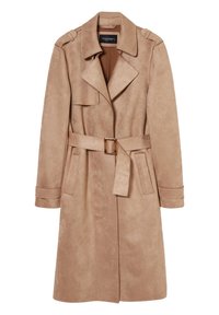 Beige faux suede trenchcoat met een ceintuur in de taille, brede revers, schouderepauletten en twee zijzakken.