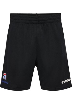 Sorte atletiske shorts med elastisk livrem. Har blå og røde logo detaljer på venstre ben og hvid branding på højre.