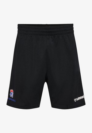 Sorte atletiske shorts med elastisk livrem. Har blå og røde logo detaljer på venstre ben og hvid branding på højre.