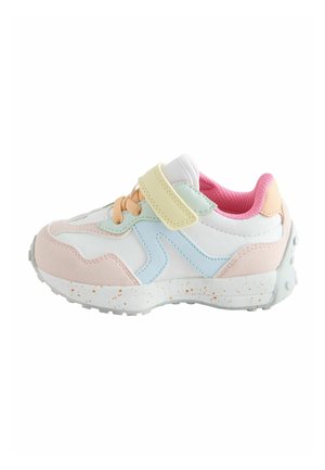 Child's pastel-colored sneaker with pink lining, yellow strap, blue accents, peach laces, and white speckled sole, side view on white background.