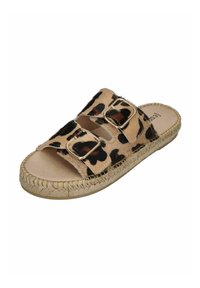 Leopard print slide sandal with two gold buckles, made of fabric with a textured finish, featuring a braided jute sole.