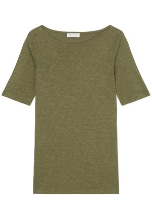 Olivgrünes Kurzarmhemd mit rundem Ausschnitt, feiner Struktur und einem kleinen weißen Marc O'Polo-Label innen am Kragen.