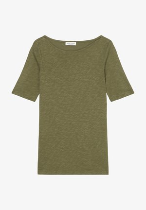 Olivgrünes Kurzarmhemd mit rundem Ausschnitt, feiner Struktur und einem kleinen weißen Marc O'Polo-Label innen am Kragen.