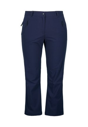 Navyblaue Outdoor-Hosen aus einem glatten, elastischen Material. Mit zwei seitlichen Reißverschlusstaschen und einem Knopfverschluss an der Taille.