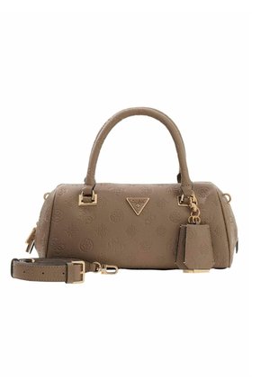 Sac à main marron texturé avec deux poignées supérieures, bandoulière amovible, accents en métal doré et un petit pendentif attaché.