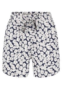 Dámské šortky navy modré barvy s květinovým potiskem, obsahující bílé a světle růžové květy, elastický pas se šňůrkou a volný střih.