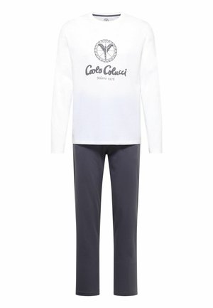 Hvid langærmet skjorte med gråt "Carlo Colucci Milano 1978" logo og mørkegrå bukser med lige ben.