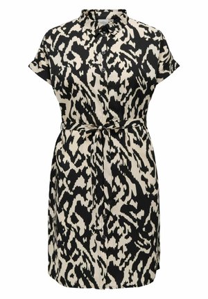 Robe à manches courtes avec imprimé animal noir et crème, dotée d'un col, de boutons sur le devant et d'une ceinture nouée pour cintrer la taille.