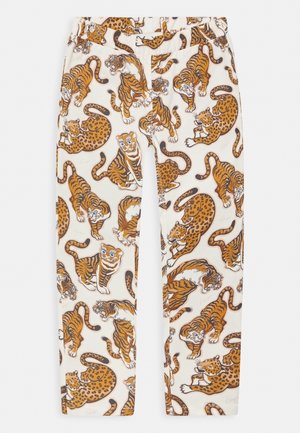 Broek met een all-over patroon van oranje en bruine tijgers en luipaarden op een lichte achtergrond, met een elastische tailleband en een rechte pasvorm.