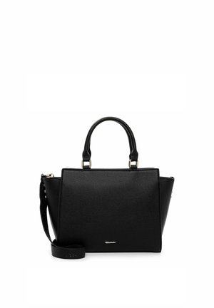 Zwarte handtas van getextureerd leer met twee bovenhandvatten, een afneembare riem en een rechthoekige vorm. Goudkleurige metalen accenten inbegrepen.