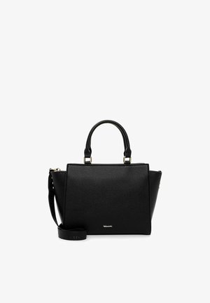 Sac à main noir en cuir texturé avec deux poignées supérieures, une bandoulière amovible et une forme rectangulaire. Accents en métal doré inclus.