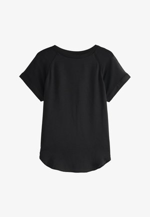 Sort bluse med korte ærmer, opkrogede manchetter, raglanærmer og rundet kant, vist mod en hvid baggrund.