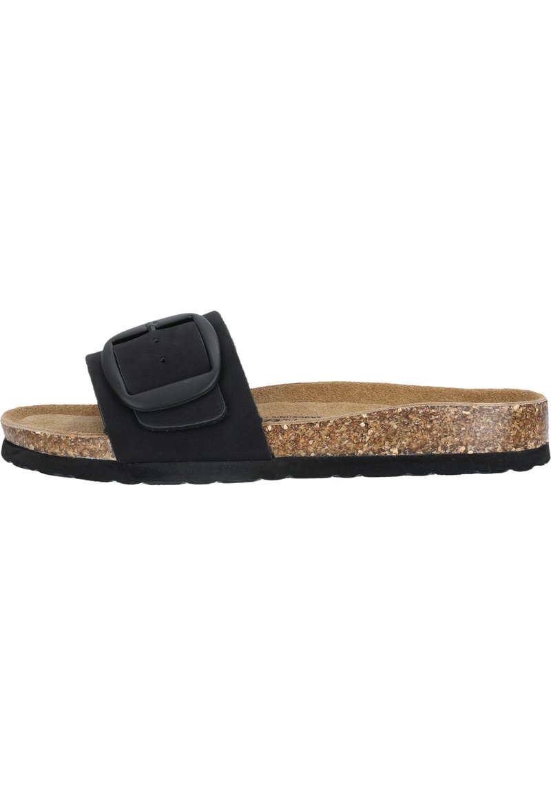 Sandale noire à glissière avec une large sangle, une grande boucle carrée et un semelle en liège. La semelle en caoutchouc texturé offre adhérence et confort.