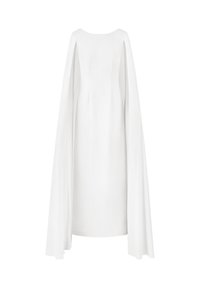 Robe blanche avec un encolure ronde, des manches en cape fluides et une silhouette droite. Texture lisse, design minimaliste et sans matériel visible.