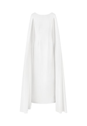 Weißes Kleid mit rundem Ausschnitt, fließenden Kapuffärmeln und gerader Silhouette. Glatte Textur, minimalistisches Design und keine sichtbaren Beschläge.