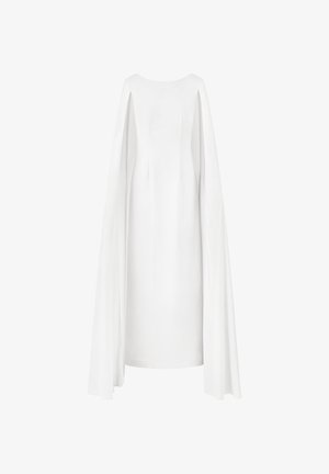 Weißes Kleid mit rundem Ausschnitt, fließenden Kapuffärmeln und gerader Silhouette. Glatte Textur, minimalistisches Design und keine sichtbaren Beschläge.