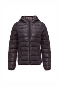 Veste en duvet de couleur violet foncé, avec un zip sur le devant, une capuche et des poches latérales. Le design matelassé offre une apparence texturée.