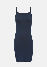Ναυτικό μπλε, στενό φόρεμα χωρίς μανίκια με λεπτές τιράντες και ίσιο ντεκολτέ, μήκος μέχρι το γόνατο, εμφανιζόμενο σε απλό φόντο.