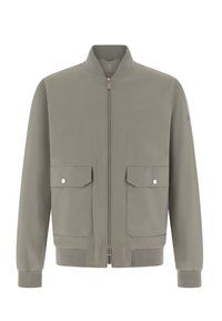 Giacca bomber grigio chiaro con collo alla coreana, cerniera frontale, due tasche applicate con chiusura a scatto e polsini e orlo a costine. Tessuto liscio.