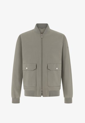 Giacca bomber grigio chiaro con collo alla coreana, cerniera frontale, due tasche applicate con chiusura a scatto e polsini e orlo a costine. Tessuto liscio.