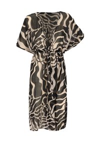 Zwarte en crèmekleurige kaftan gemaakt van lichte stof, met een abstract golfpatroon, een diepe V-hals en een strikceintuur voor een verstelbare fit.