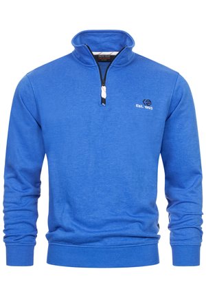 Blå fleece-pullover med høj krave og kvart lynlås. Har strikkede manchetter og kant, samt et lille logo på brystet. Blød tekstur.