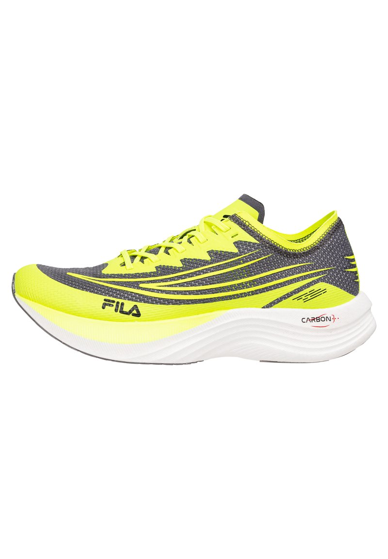 Zapatillas de running ligeras con una parte superior de malla amarilla brillante y acentos grises, una suela blanca acolchada y un diseño aerodinámico para el rendimiento.