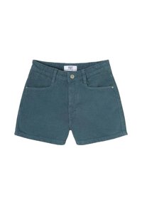 Donkergroene katoenen korte broek met een knoopsluiting, twee voorzakken en subtiele logo-borduring aan de achterkant. Gladde textuur, klassiek ontwerp.