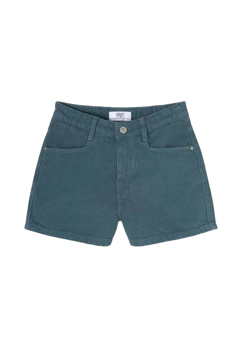 Donkergroene katoenen korte broek met een knoopsluiting, twee voorzakken en subtiele logo-borduring aan de achterkant. Gladde textuur, klassiek ontwerp.