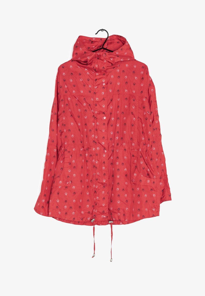 Red waterproof jacket with a hood, featuring a pattern of small icons, two front pockets, and drawstrings at the hem.